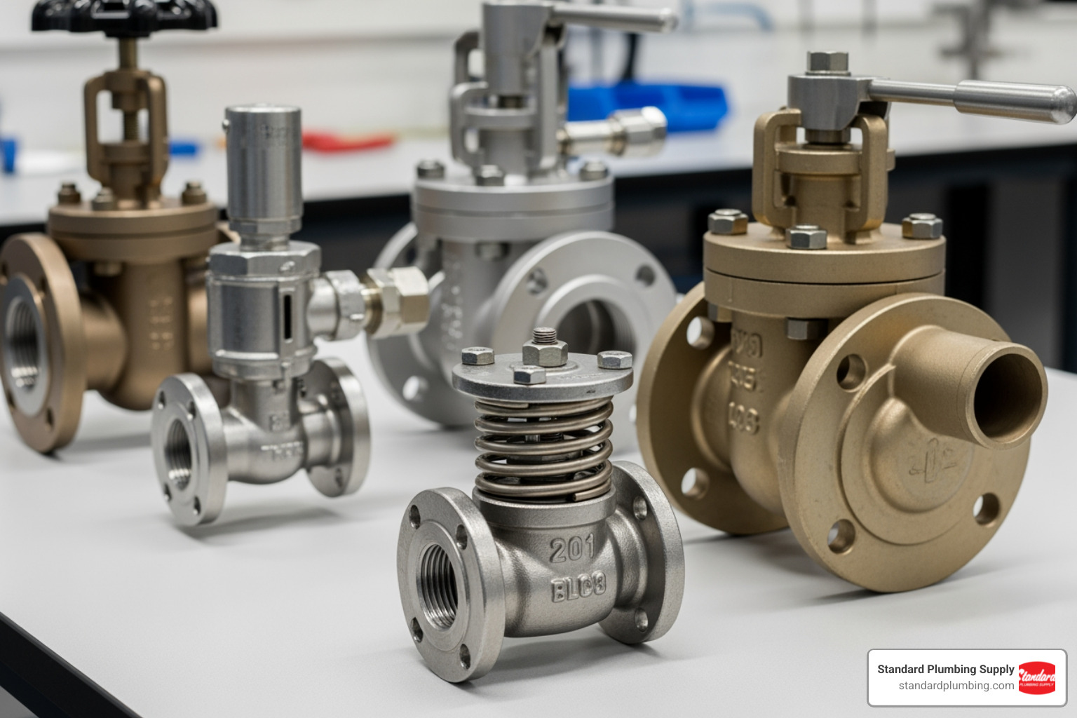 collection of different valve types like a safety valve, a pilot-operated valve, and a standard PRV - Pressure relief valve