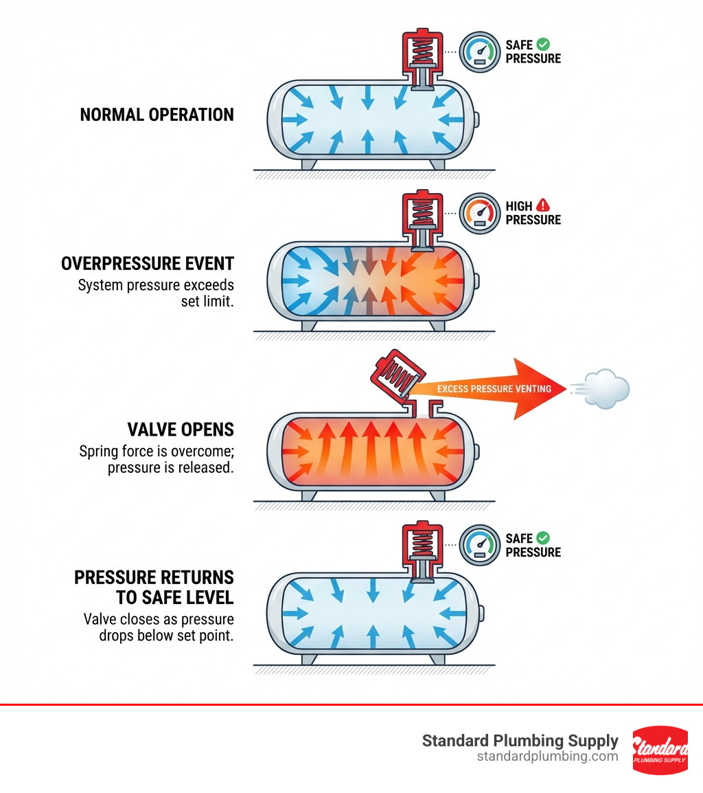 infographic showing a cross-section of a pressurized tank with a pressure relief valve mounted on top, arrows indicating pressure buildup inside the tank, and the valve opening to vent excess pressure to the atmosphere when the set pressure is reached, with labels for normal operation, overpressure event, valve opens, and pressure returns to safe level - Pressure relief valve infographic 