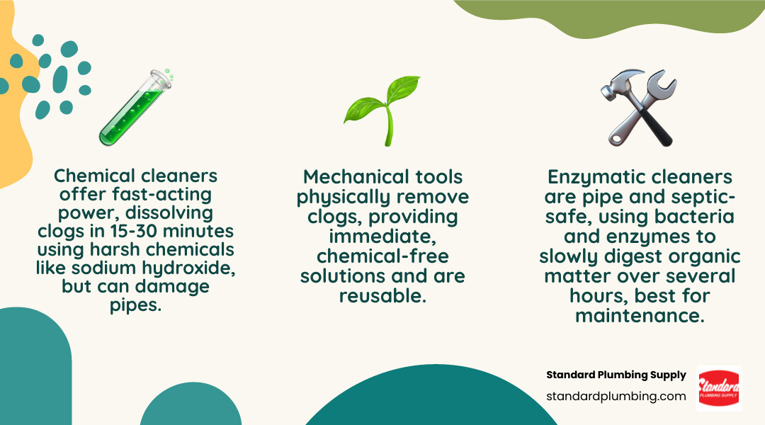 Infographic comparing Chemical Drain Cleaners (fast-acting, use sodium hydroxide or bleach, dissolve clogs through heat and chemical reactions, work in 15-30 minutes, harsh on pipes), Enzymatic Drain Cleaners (slow-acting, use bacteria and enzymes, digest organic matter over several hours, safe for pipes and septic systems), and Mechanical Methods (immediate results with manual effort, physically remove clogs, include plungers, snakes, and augers, reusable and chemical-free) - best home drain cleaner infographic 3_facts_emoji_nature