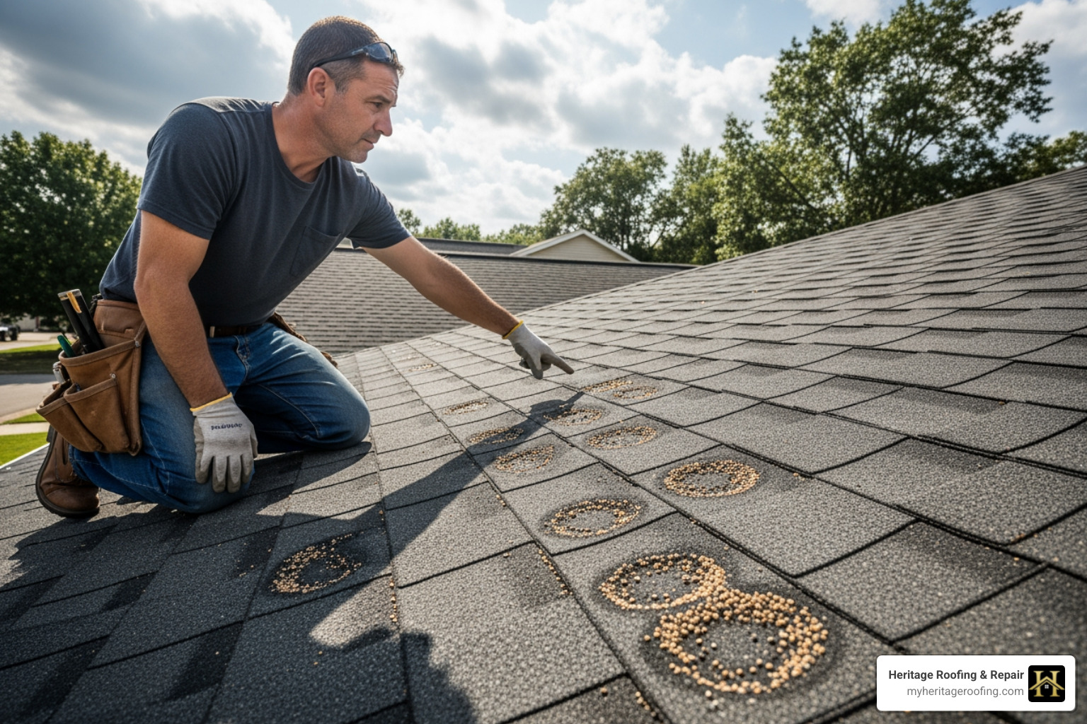 Roofer pointing to hail impacts on an asphalt shingle - hail damage repair