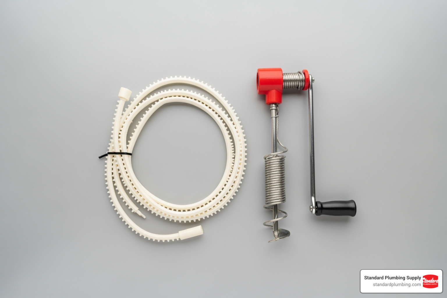 simple plastic drain snake and a small hand-crank auger - best home drain cleaner