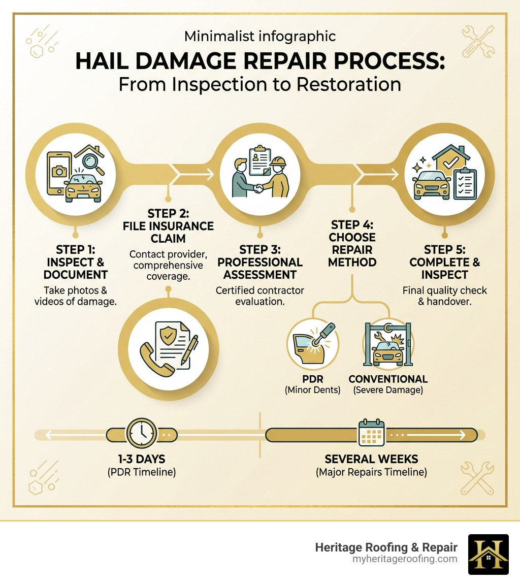 Infographic showing the hail damage repair process: Step 1 - Inspect and document damage with photos and videos; Step 2 - File insurance claim with comprehensive coverage; Step 3 - Get professional assessment from licensed contractor; Step 4 - Choose repair method (PDR for minor dents, conventional for severe damage); Step 5 - Complete repairs and final inspection; Timeline ranges from 1-3 days for PDR to several weeks for major repairs - hail damage repair infographic 