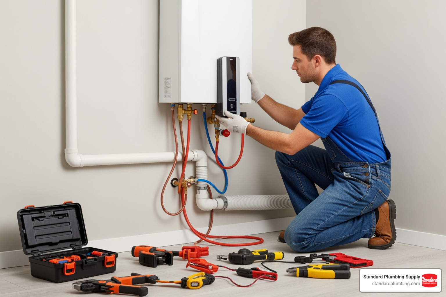 A professional technician carefully installing a tankless water heater, connecting gas lines, water pipes, and venting, with tools laid out neatly around them - tankless water heaters