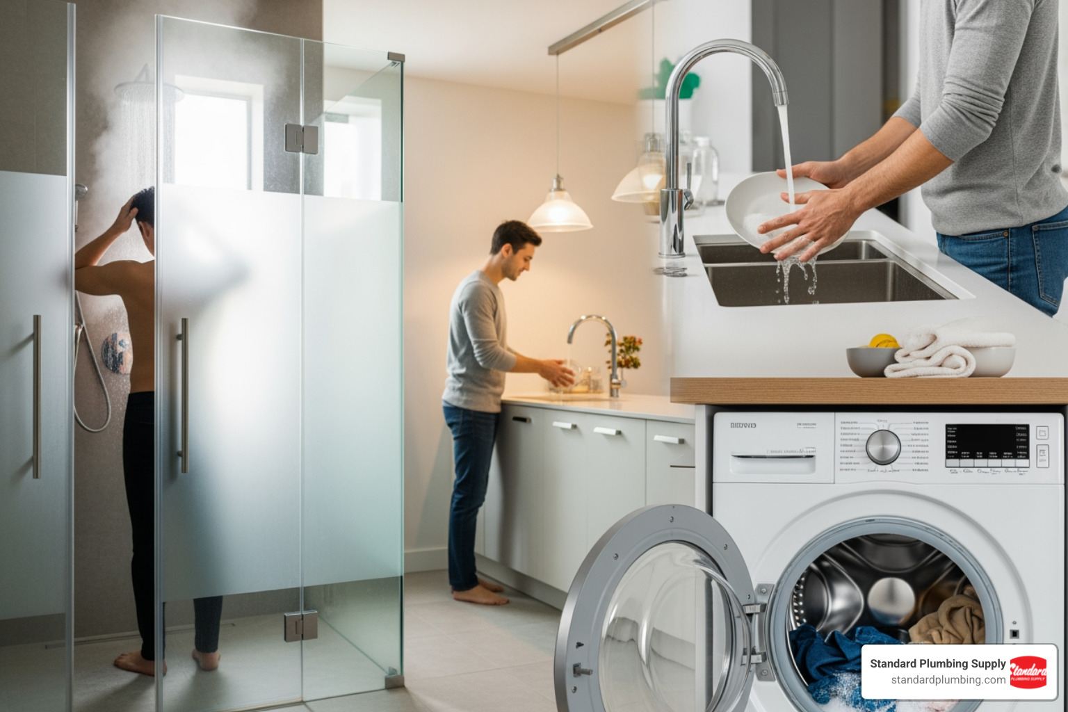 Family using various hot water appliances simultaneously, with GPM numbers next to each appliance, illustrating peak hot water demand calculation - tankless water heaters