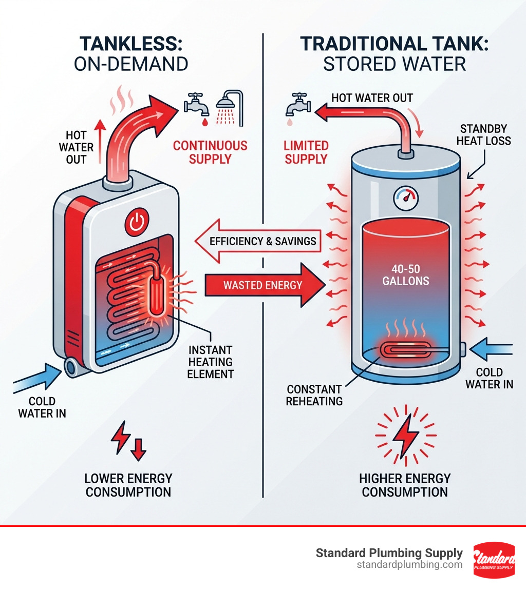 Infographic comparing tankless water heater operation versus traditional tank water heater: Left side shows tankless unit with water flowing through heat exchanger and instant heating on demand; Right side shows traditional tank storing 40-50 gallons with constant reheating and standby heat loss; Arrows indicate energy consumption differences and continuous vs limited hot water supply - tankless water heaters infographic 