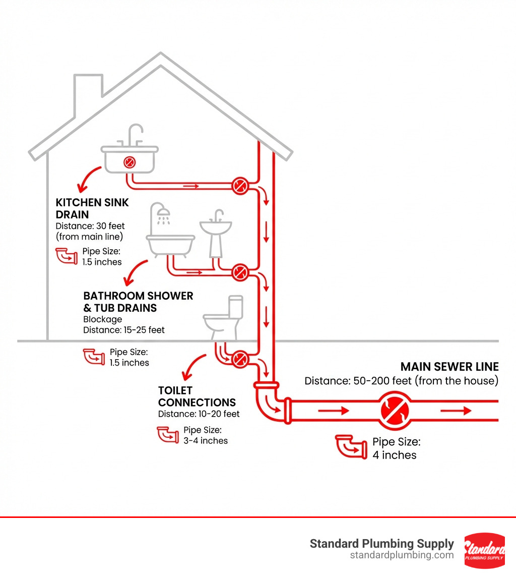 Infographic showing the most common clog locations in a home's plumbing system, including kitchen sink drain at 30 feet from main line, bathroom shower and tub drains at 15-25 feet, toilet connections at 10-20 feet, and main sewer line at 50-200 feet from the house, with typical pipe sizes ranging from 1.5 inches for sink drains to 4 inches for main lines - home drainage cleaning machine infographic Infographic showing the most common clog locations in a home's plumbing system, including kitchen sink drain at 30 feet from main line, bathroom shower and tub drains at 15-25 feet, toilet connections at 10-20 feet, and main sewer line at 50-200 feet from the house, with typical pipe sizes ranging from 1.5 inches for sink drains to 4 inches for main lines - home drainage cleaning machine infographic