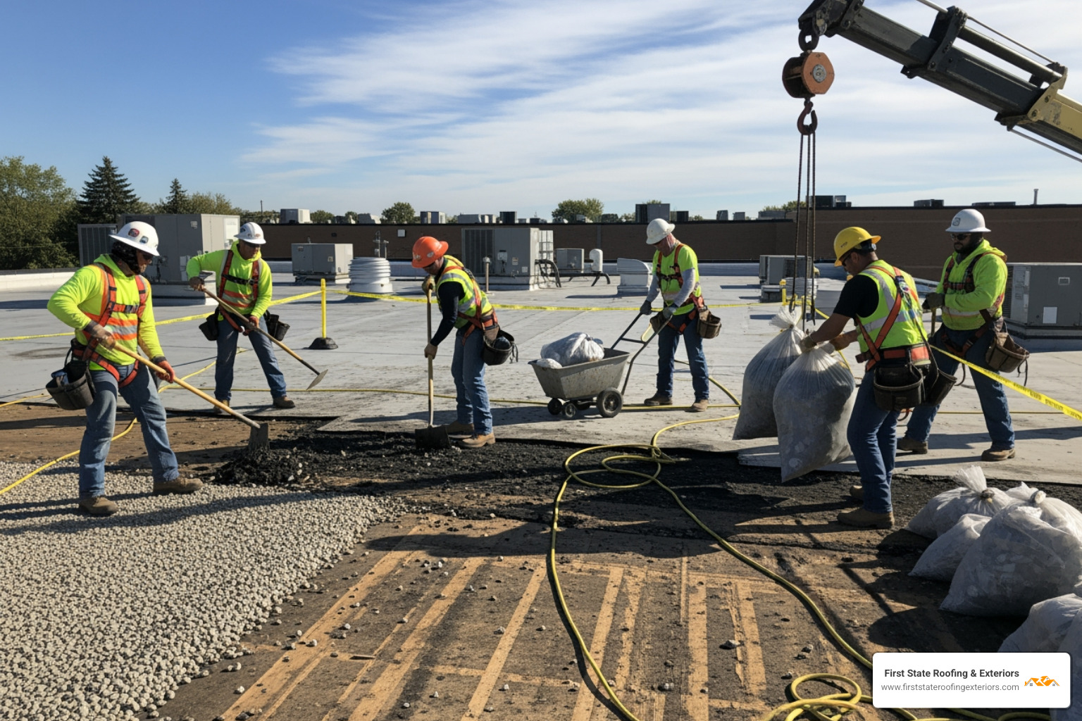 A roofing crew performing a safe tear-off of an old flat roof, with workers wearing OSHA-compliant safety harnesses - commercial flat roof replacement