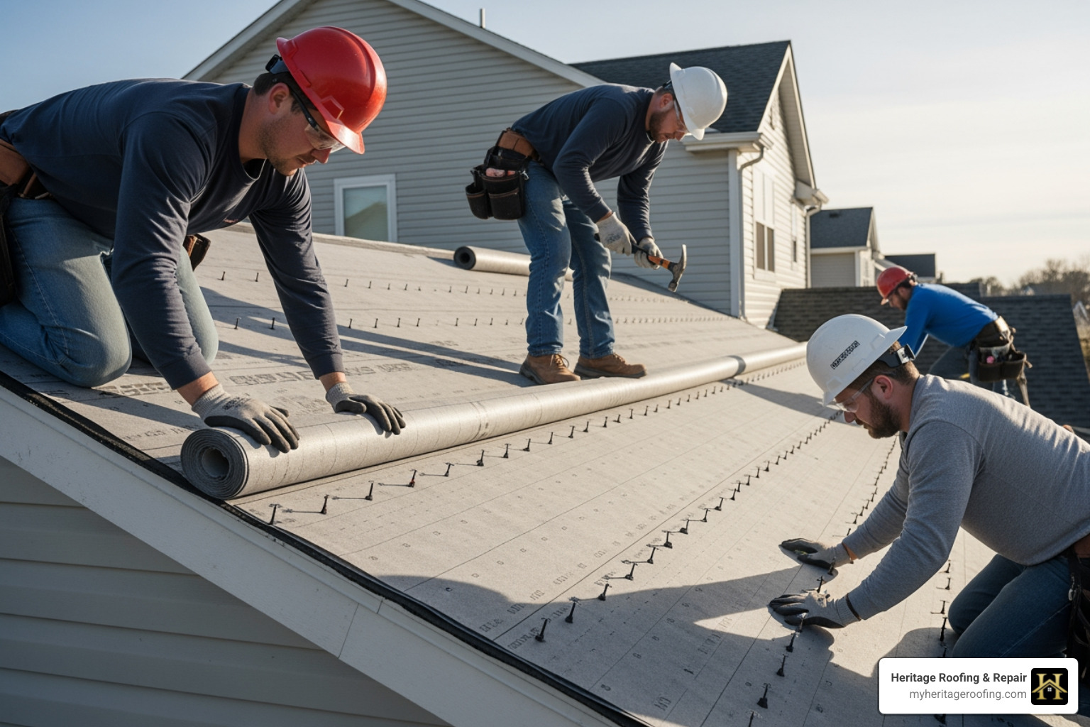 Professional roofing crew installing underlayment on a clean roof deck - roof installation northwest arkansas Professional roofing crew installing underlayment on a clean roof deck - roof installation northwest arkansas