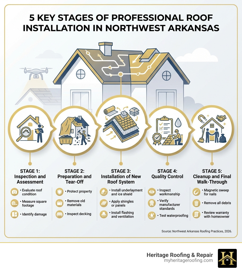 Infographic showing the 5 key stages of professional roof installation in Northwest Arkansas: Stage 1 - Inspection and Assessment (evaluate roof condition, measure square footage, identify damage); Stage 2 - Preparation and Tear-Off (protect property, remove old materials, inspect decking); Stage 3 - Installation of New Roof System (install underlayment and ice shield, apply shingles or panels, install flashing and ventilation); Stage 4 - Quality Control (inspect workmanship, verify manufacturer standards, test waterproofing); Stage 5 - Cleanup and Final Walk-Through (magnetic sweep for nails, remove all debris, review warranty with homeowner) - roof installation northwest arkansas infographic Infographic showing the 5 key stages of professional roof installation in Northwest Arkansas: Stage 1 - Inspection and Assessment (evaluate roof condition, measure square footage, identify damage); Stage 2 - Preparation and Tear-Off (protect property, remove old materials, inspect decking); Stage 3 - Installation of New Roof System (install underlayment and ice shield, apply shingles or panels, install flashing and ventilation); Stage 4 - Quality Control (inspect workmanship, verify manufacturer standards, test waterproofing); Stage 5 - Cleanup and Final Walk-Through (magnetic sweep for nails, remove all debris, review warranty with homeowner) - roof installation northwest arkansas infographic