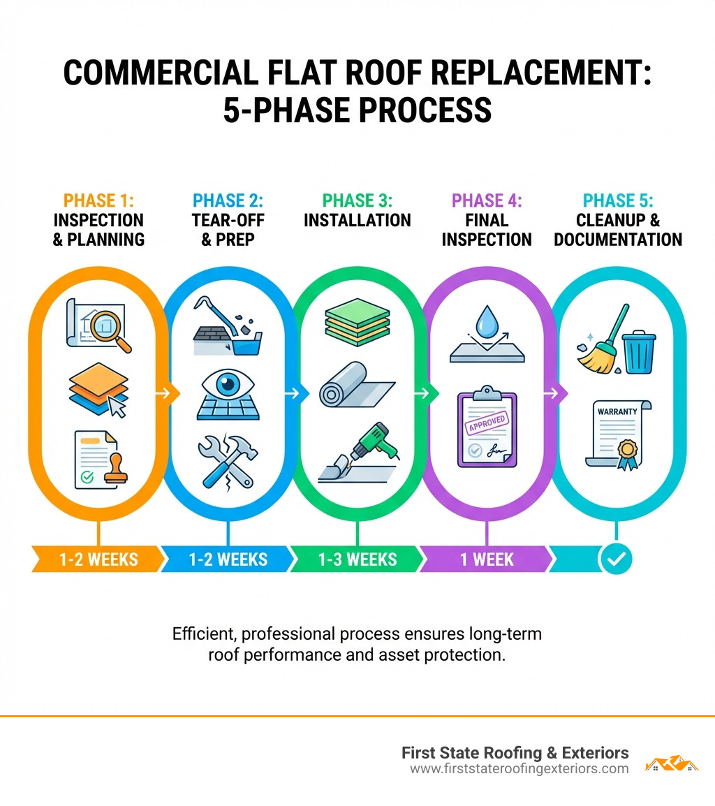 Infographic showing the 5 phases of commercial flat roof replacement: Phase 1 - Inspection & Planning (1-2 weeks) includes roof assessment, material selection, and permit acquisition; Phase 2 - Tear-Off & Prep (1-2 weeks) involves removing old materials, inspecting deck, and repairs; Phase 3 - Installation (1-3 weeks) features new insulation, membrane application, and seam sealing; Phase 4 - Final Inspection (1 week) includes watertightness testing and manufacturer approval; Phase 5 - Cleanup & Documentation with warranty handoff and site restoration - commercial flat roof replacement infographic 
