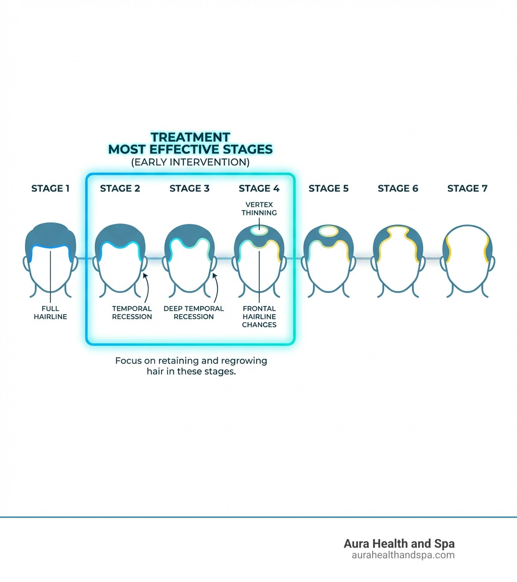 infographic showing the progression of male pattern baldness using the Norwood Scale from Stage 1 through Stage 7, with clear visual illustrations of how the hairline recedes at each stage, particularly highlighting Stages 2-4 where treatment is most effective, including labels for temporal recession, vertex thinning, and frontal hairline changes - FUE for receding hairline infographic 