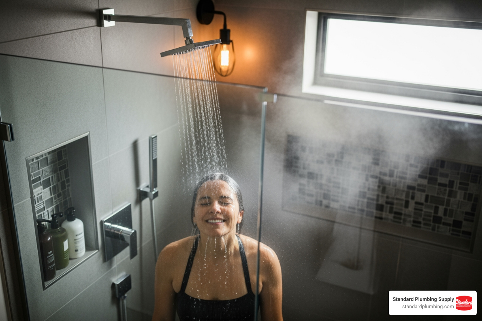 Person enjoying a hot shower without worry, illustrating the continuous hot water benefit - continuous hot water system