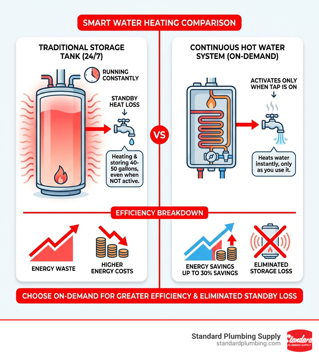 Infographic comparing traditional storage tank water heater running constantly with standby heat loss versus continuous hot water system that only activates when tap is turned on, showing energy savings and elimination of storage tank heat loss - continuous hot water system infographic 