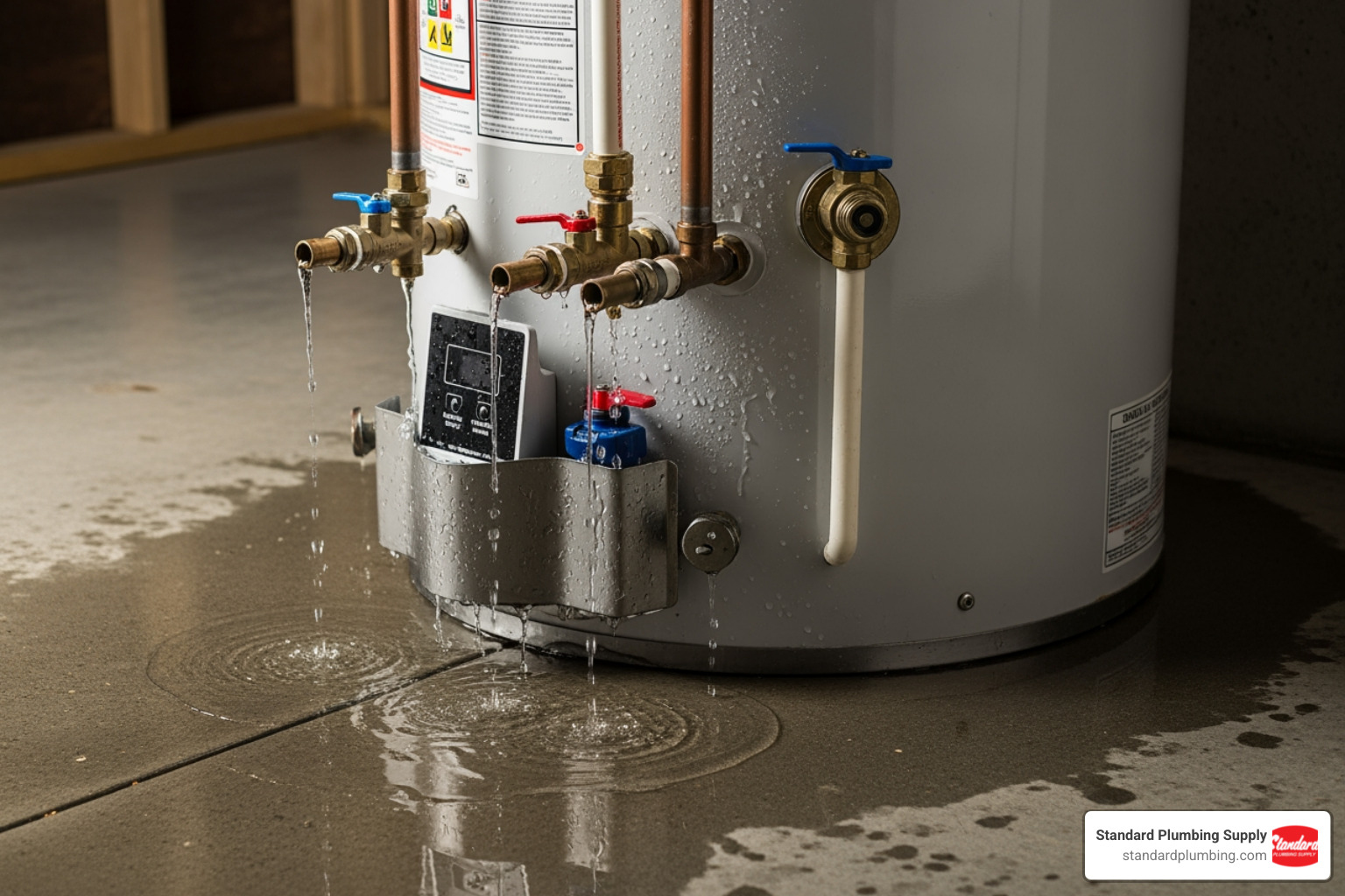 Image of leaking pipes at the top of a water heater - Leaking water heater repair Image of leaking pipes at the top of a water heater - Leaking water heater repair