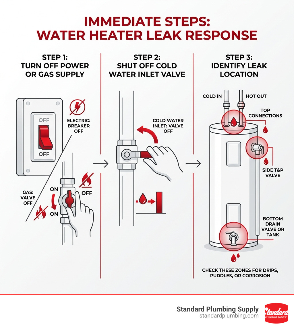 Infographic showing three immediate steps when discovering a water heater leak: Step 1 - Turn off power or gas supply with image of circuit breaker or gas valve; Step 2 - Shut off cold water inlet valve with image of valve being turned; Step 3 - Identify leak location by checking top connections, side T&P valve, and bottom drain valve or tank with simple diagram of water heater showing these zones - Leaking water heater repair infographic Infographic showing three immediate steps when discovering a water heater leak: Step 1 - Turn off power or gas supply with image of circuit breaker or gas valve; Step 2 - Shut off cold water inlet valve with image of valve being turned; Step 3 - Identify leak location by checking top connections, side T&P valve, and bottom drain valve or tank with simple diagram of water heater showing these zones - Leaking water heater repair infographic