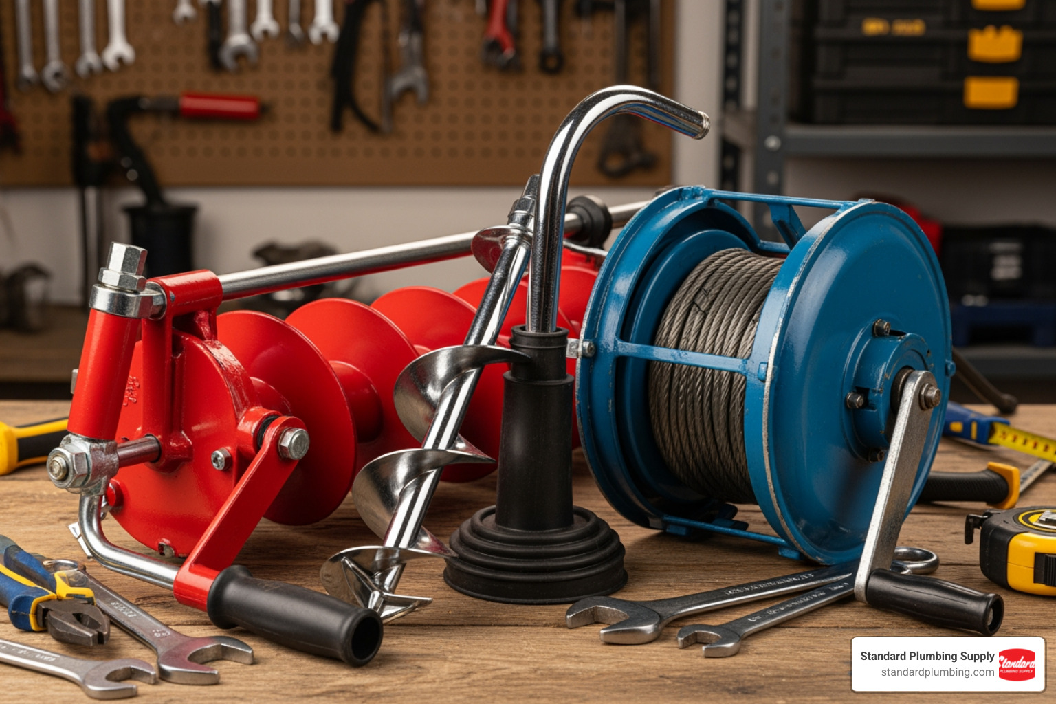 different types of drain augers side-by-side - drain cleaning augers