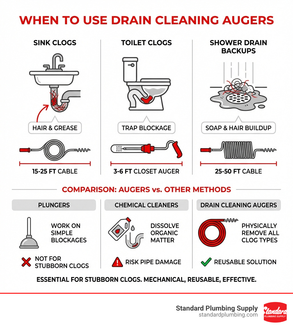Infographic showing when to use drain cleaning augers: for sink clogs caused by hair and grease (15-25 ft cable), toilet clogs in the trap (3-6 ft closet auger), and shower drain backups from soap and hair buildup (25-50 ft cable). Comparison shows plungers work on simple blockages, chemical cleaners dissolve organic matter but risk pipe damage, while augers physically remove all clog types and are reusable. - drain cleaning augers infographic 