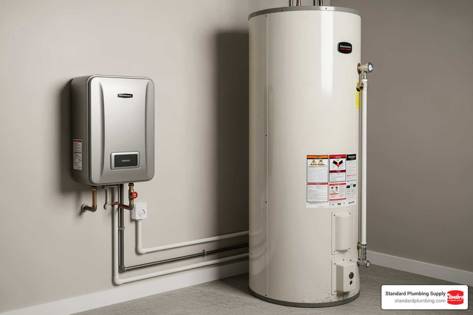 Image comparing the small size of a tankless unit to a large, bulky traditional water heater - hot water on demand systems Image comparing the small size of a tankless unit to a large, bulky traditional water heater - hot water on demand systems