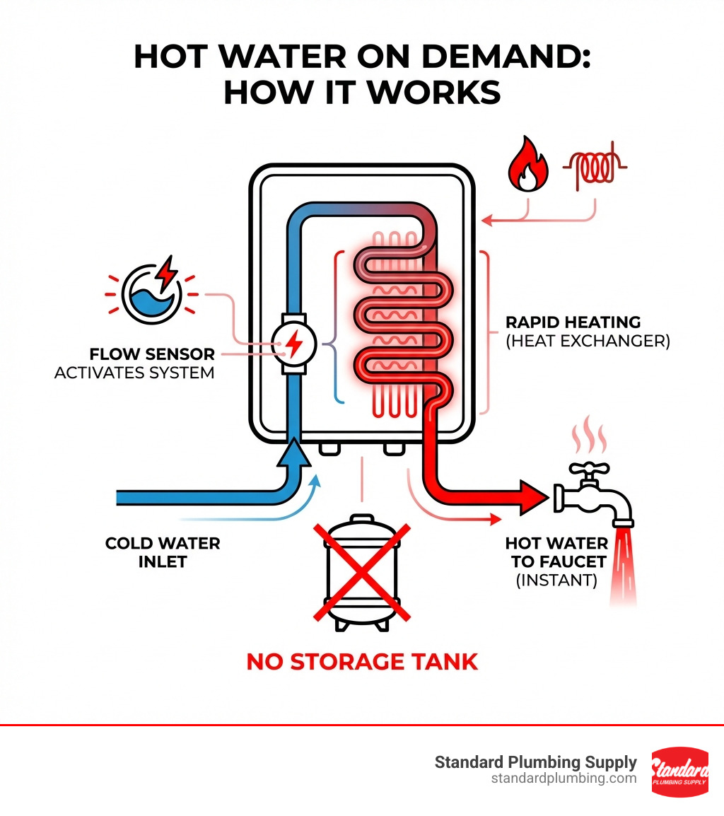 Infographic showing how hot water on demand systems work: cold water enters the unit through an inlet pipe, a flow sensor detects water movement and activates the system, the heat exchanger (gas burner or electric element) rapidly heats the water as it passes through, and hot water immediately flows to your faucet or fixture - all without storing water in a tank - hot water on demand systems infographic Infographic showing how hot water on demand systems work: cold water enters the unit through an inlet pipe, a flow sensor detects water movement and activates the system, the heat exchanger (gas burner or electric element) rapidly heats the water as it passes through, and hot water immediately flows to your faucet or fixture - all without storing water in a tank - hot water on demand systems infographic