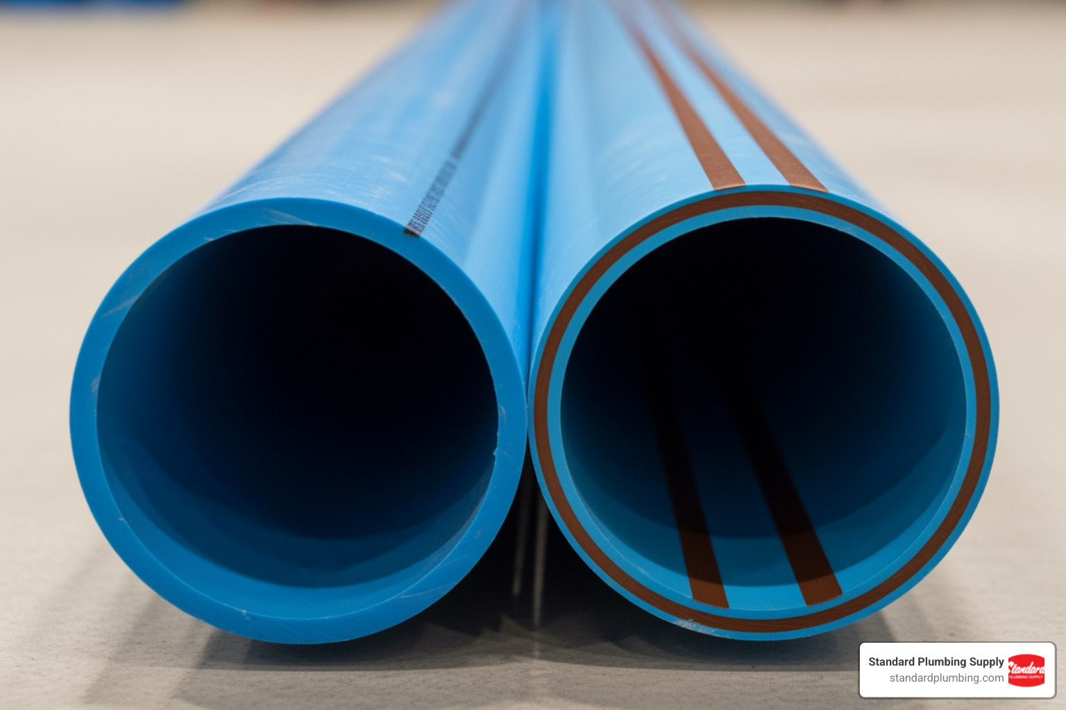 Side-by-side comparison of standard blue MDPE and multi-layer barrier pipe - mdpe barrier pipe