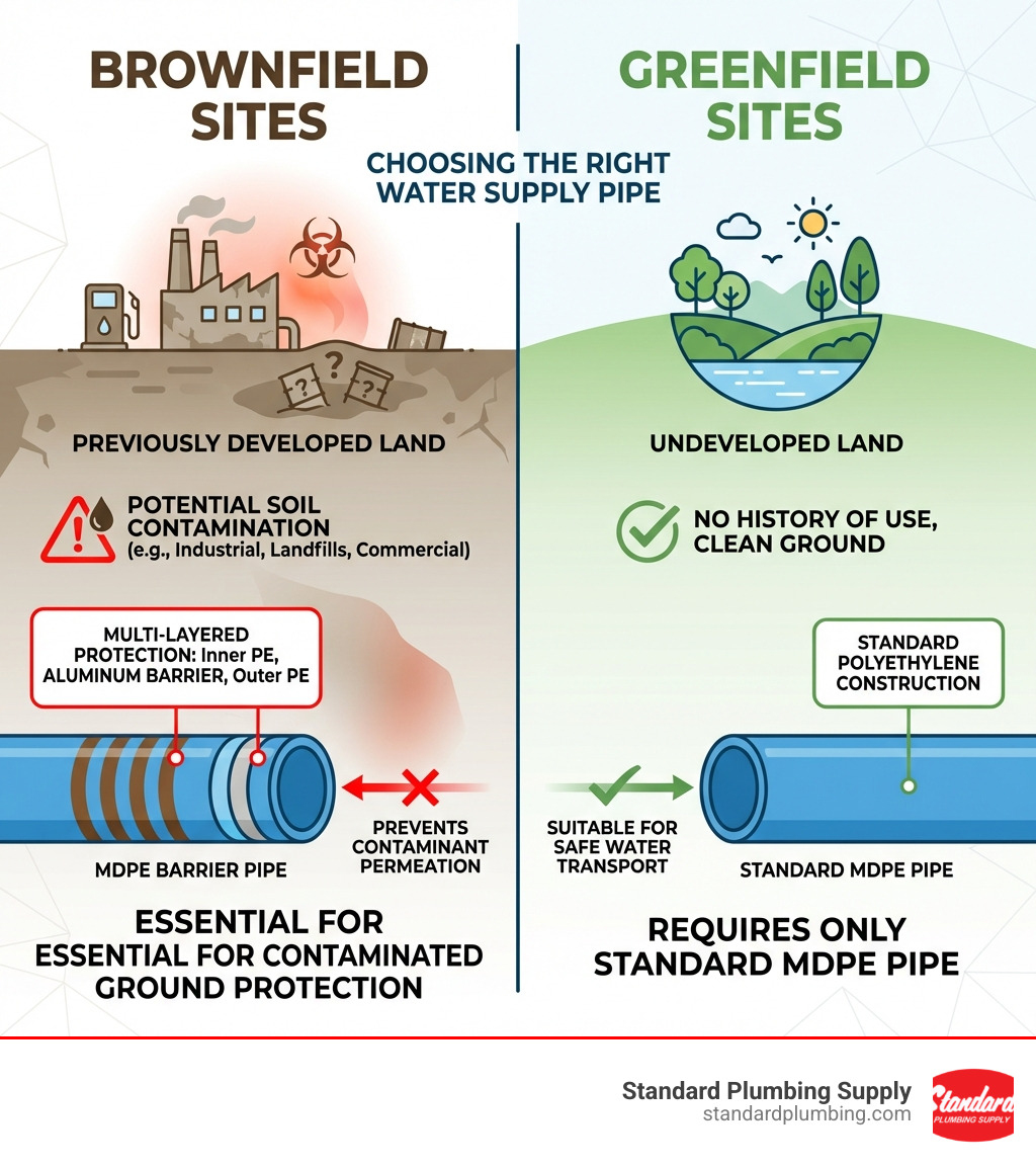 Infographic showing the difference between brownfield sites (previously developed land with potential soil contamination from industrial use, landfills, or commercial activities) and greenfield sites (undeveloped land with no history of use, requiring only standard MDPE pipe) - mdpe barrier pipe infographic 
