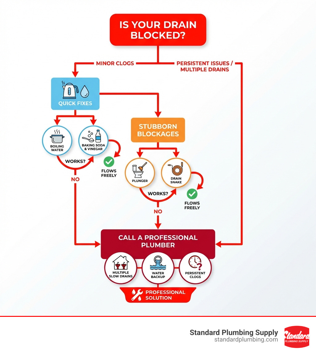Infographic showing a flowchart starting with 'Is your drain blocked?' branching to quick fixes like boiling water and baking soda vinegar for minor clogs, then progressing to tools like plungers and drain snakes for stubborn blockages, and finally showing when to call a professional plumber for persistent issues, multiple slow drains, or water backup - clean blocked drain infographic 