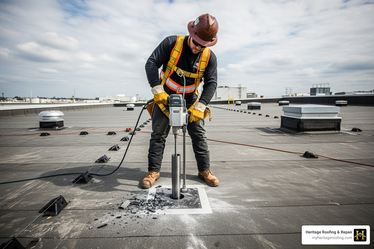 roofing professional performing a core cut on a flat roof - industrial roof waterproofing roofing professional performing a core cut on a flat roof - industrial roof waterproofing