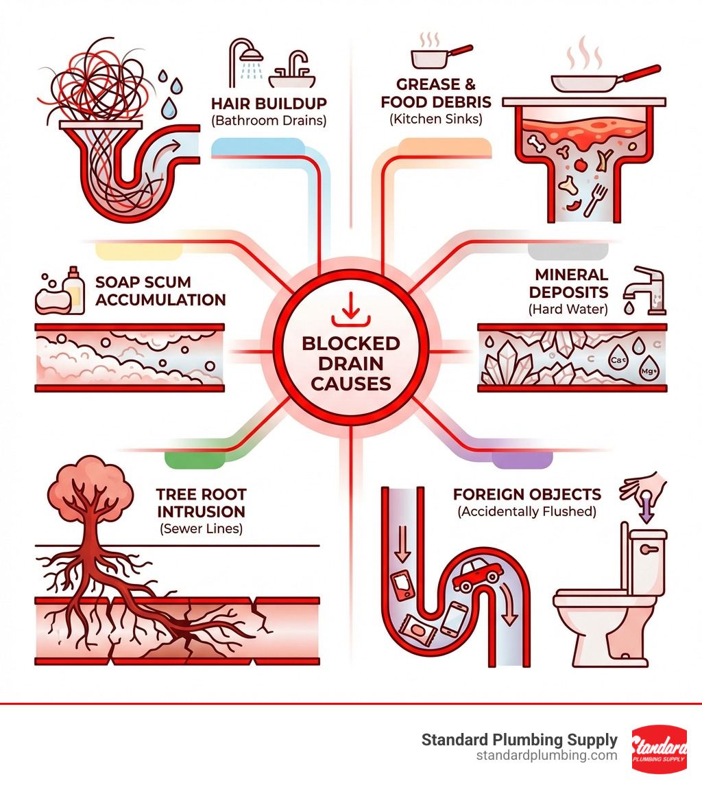 infographic showing common drain clog causes including hair buildup in bathroom drains, grease and food debris in kitchen sinks, soap scum accumulation, mineral deposits from hard water, tree root intrusion in sewer lines, and foreign objects accidentally flushed - blocked drain cleaner near me infographic infographic showing common drain clog causes including hair buildup in bathroom drains, grease and food debris in kitchen sinks, soap scum accumulation, mineral deposits from hard water, tree root intrusion in sewer lines, and foreign objects accidentally flushed - blocked drain cleaner near me infographic