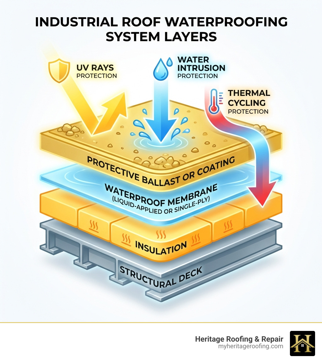 Infographic showing industrial roof waterproofing system layers from bottom to top: structural deck, insulation, waterproof membrane (liquid-applied or single-ply), and protective ballast or coating, with arrows indicating protection from UV rays, water intrusion, and thermal cycling - industrial roof waterproofing infographic Infographic showing industrial roof waterproofing system layers from bottom to top: structural deck, insulation, waterproof membrane (liquid-applied or single-ply), and protective ballast or coating, with arrows indicating protection from UV rays, water intrusion, and thermal cycling - industrial roof waterproofing infographic
