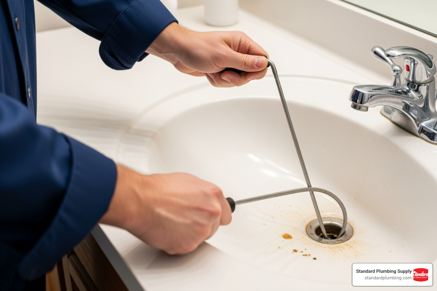 Person using a simple drain snake in a bathroom sink - blocked drain cleaner