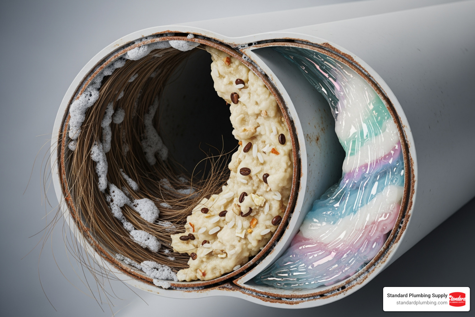 Cutaway pipe showing hair, grease, soap scum, and food particle clogs - blocked drain cleaner