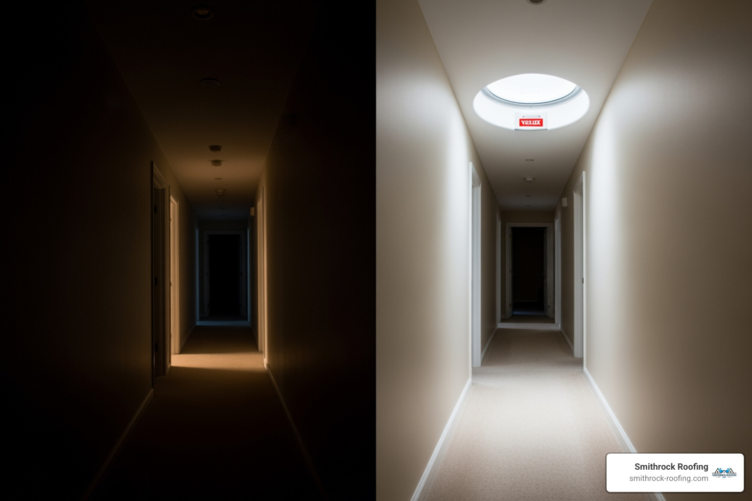 side-by-side comparison of a dark hallway before and after a Sun Tunnel installation - velux window installers near me