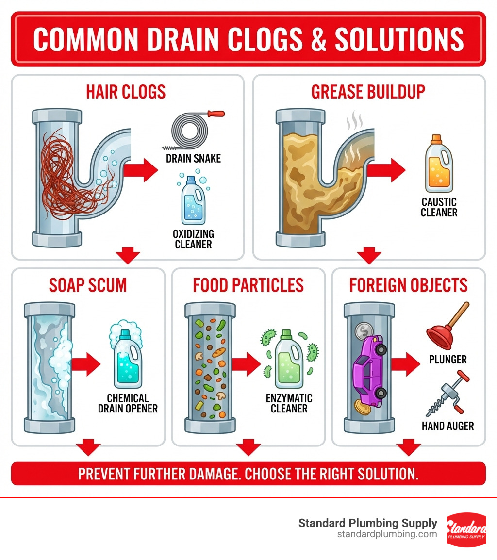 Infographic showing common drain clogs and recommended solutions: Hair clogs with drain snake and oxidizing cleaner, grease buildup with caustic cleaner, soap scum with chemical drain opener, food particles with enzymatic cleaner, and foreign objects with plunger or hand auger - blocked drain cleaner infographic 