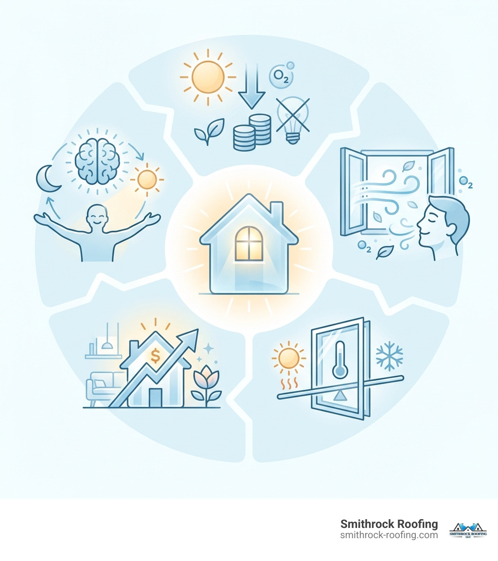 infographic showing the top 5 benefits of installing VELUX windows: 1. Natural daylight reduces reliance on artificial lighting and lowers energy bills, 2. Fresh air ventilation improves indoor air quality and comfort, 3. Energy-efficient glazing helps regulate temperature year-round, 4. Increased home value from improved aesthetics and functionality, 5. Better mental well-being from connection to natural light cycles - velux window installers near me infographic 