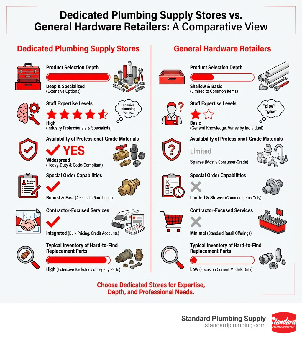 Infographic comparing dedicated plumbing supply stores versus general hardware retailers, showing differences in product selection depth, staff expertise levels, availability of professional-grade materials, special order capabilities, contractor-focused services, and typical inventory of hard-to-find replacement parts - closest plumbing shop infographic 
