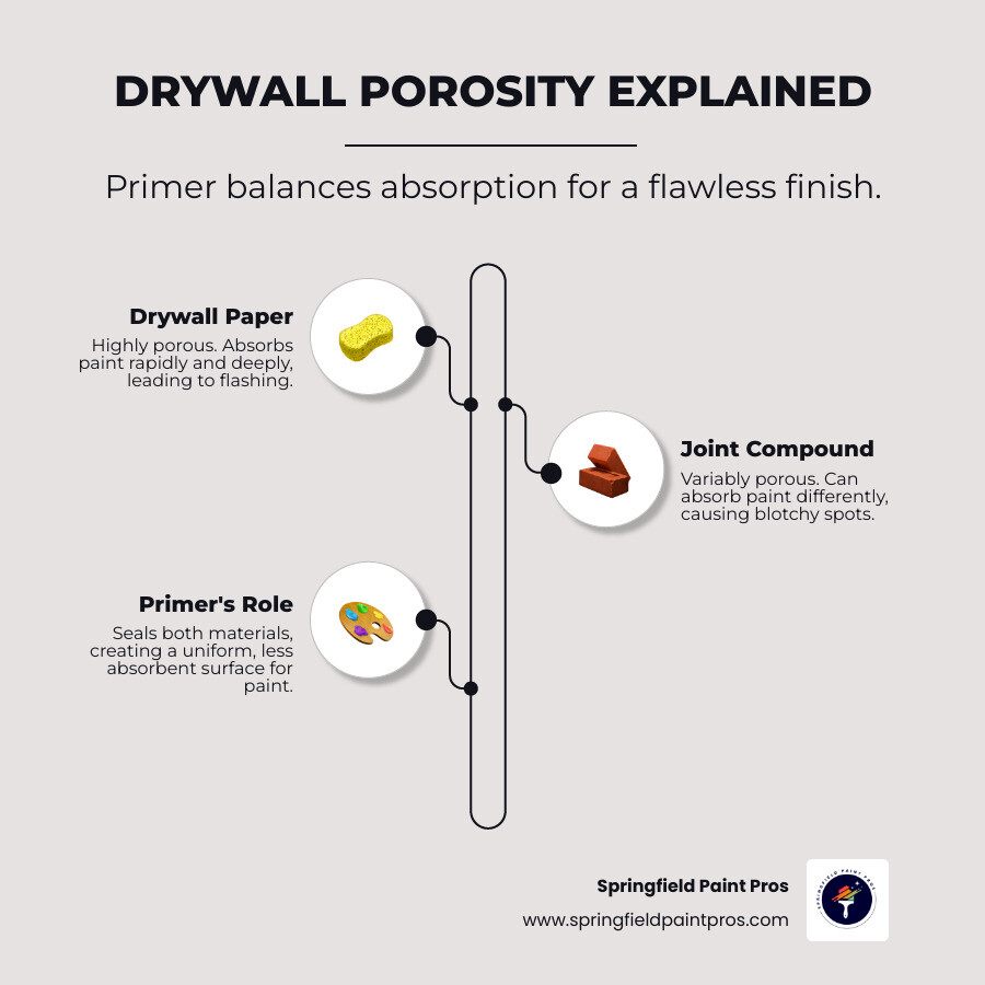 Infographic showing the porosity difference between drywall paper (highly absorbent), joint compound (moderately absorbent), and sanded areas (variable absorption), with arrows demonstrating how primer creates an even, sealed surface across all three materials for uniform paint application - primer for new drywall infographic infographic-line-3-steps-elegant_beige