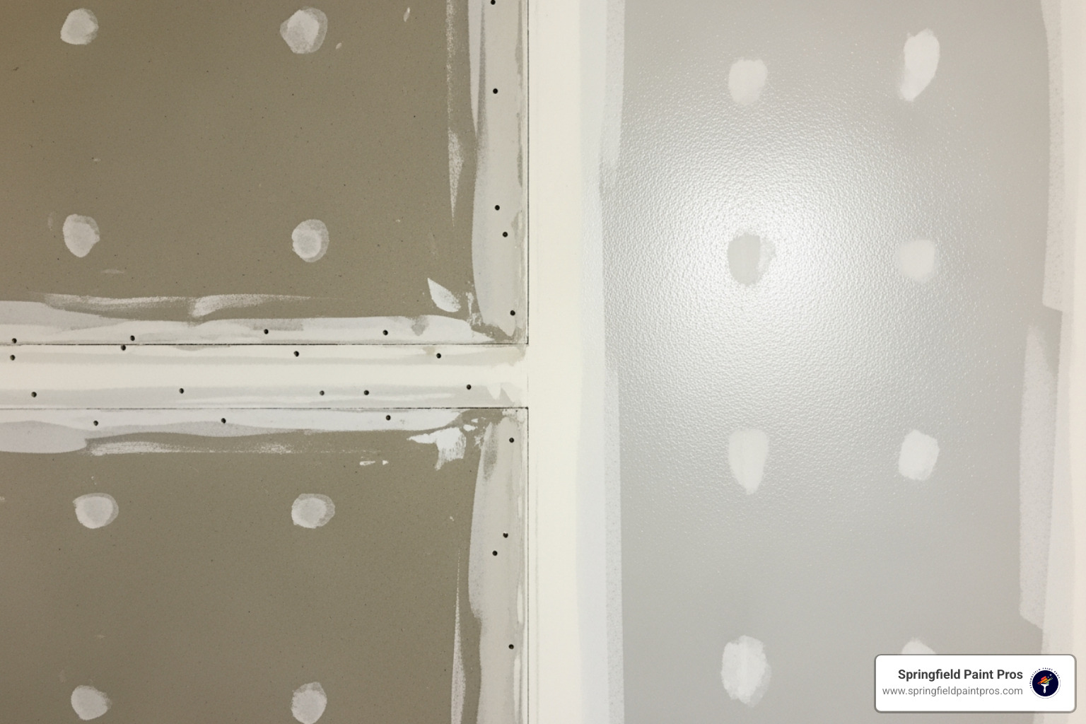 wall half-primed and half-painted directly on drywall, showing the "flashing" effect - primer for new drywall