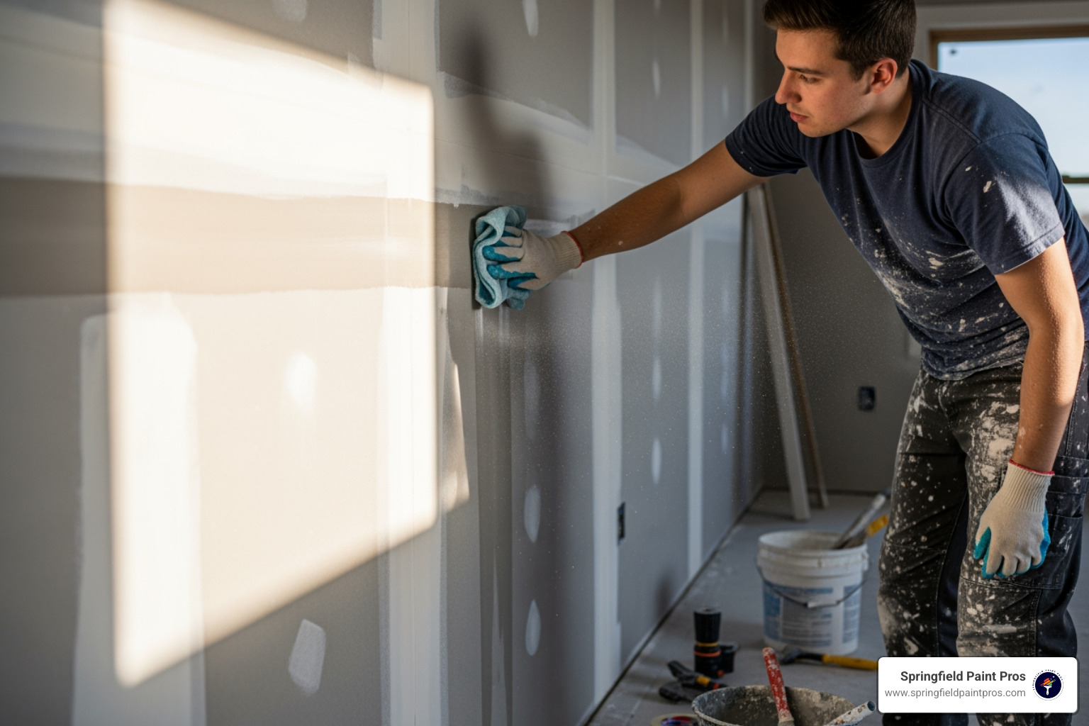 person wiping down a newly sanded drywall wall with a damp cloth - primer for new drywall