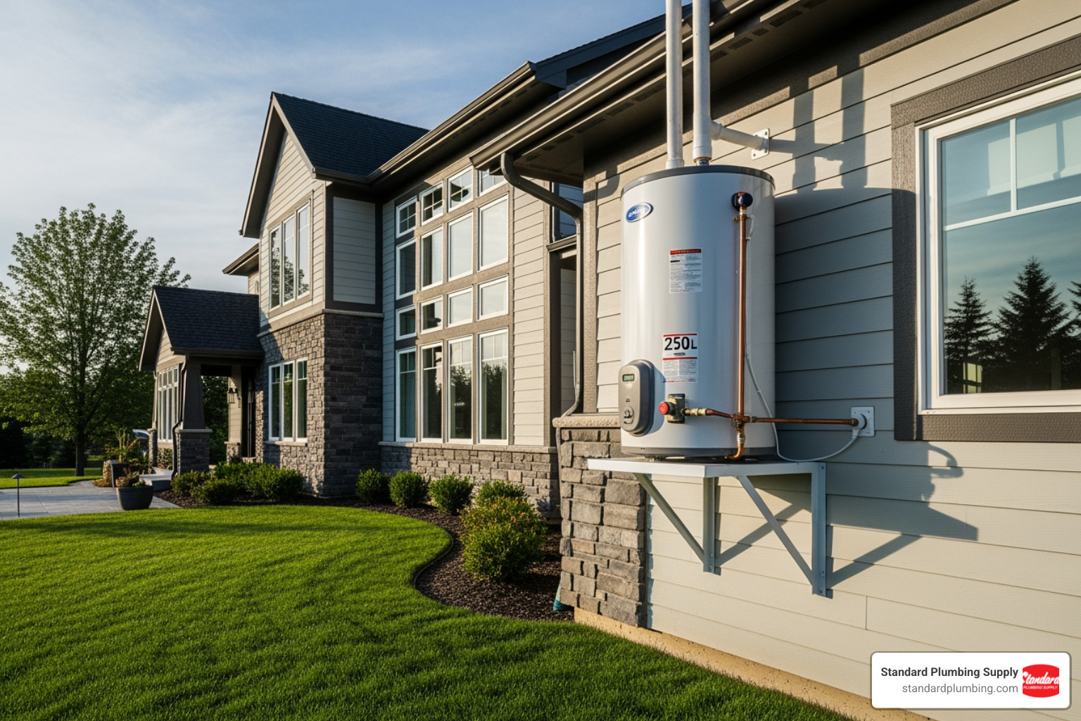 250L hot water system installed on house exterior - 250l hot water system