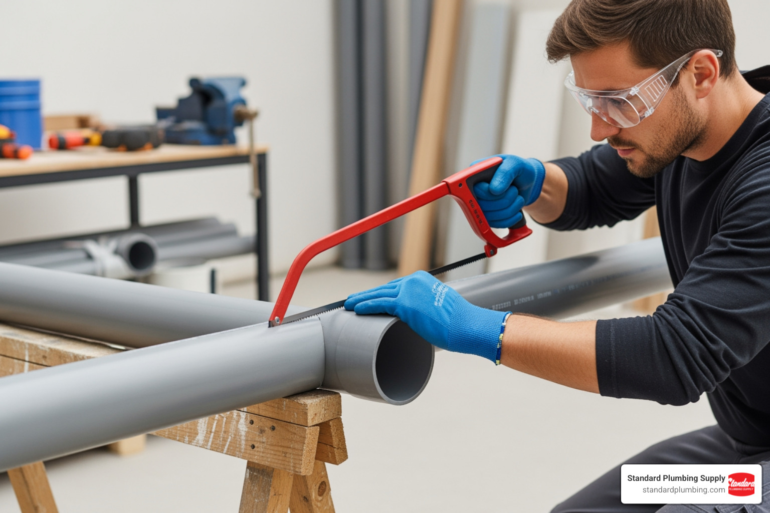 Person correctly cutting a 110mm pipe with a handsaw - 110 waste pipe Person correctly cutting a 110mm pipe with a handsaw - 110 waste pipe
