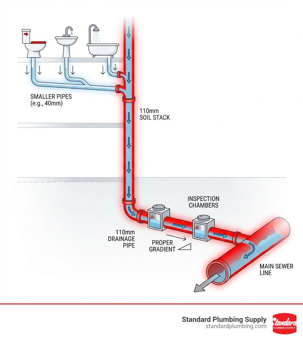 Infographic showing the complete path of wastewater through a home drainage system, from individual fixtures (toilets, sinks, baths) connecting via smaller pipes to the main 110mm soil stack, then flowing underground through 110mm drainage pipes with proper gradient, connecting to inspection chambers, and finally reaching the main sewer line - 110 waste pipe infographic Infographic showing the complete path of wastewater through a home drainage system, from individual fixtures (toilets, sinks, baths) connecting via smaller pipes to the main 110mm soil stack, then flowing underground through 110mm drainage pipes with proper gradient, connecting to inspection chambers, and finally reaching the main sewer line - 110 waste pipe infographic