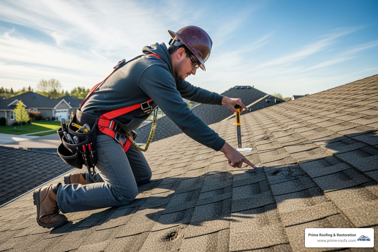 roofer inspecting roof for hail damage - roofing company Alabaster AL