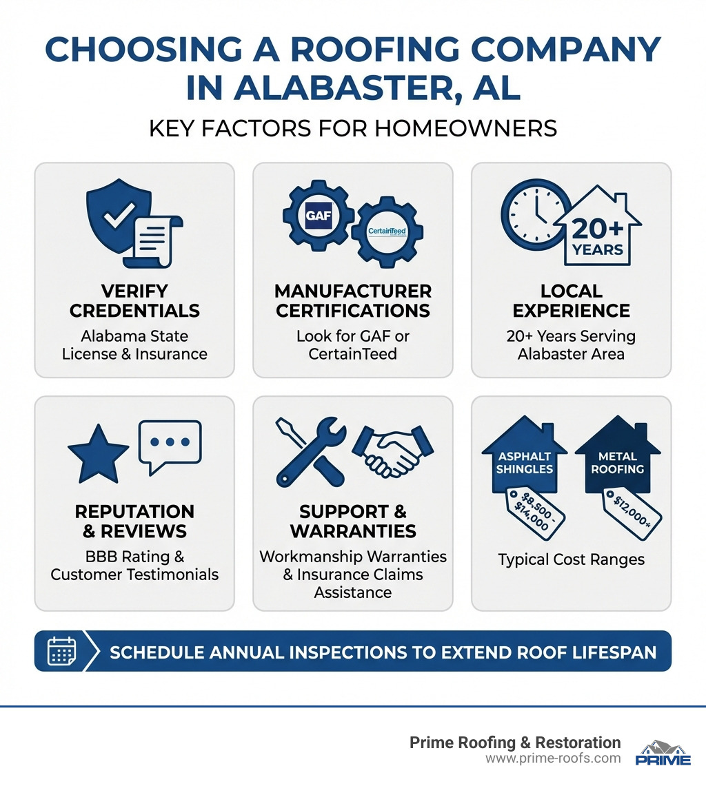 Infographic showing the key factors when choosing a roofing company in Alabaster AL: verify Alabama state license and insurance, check for manufacturer certifications like GAF or CertainTeed, confirm 20+ years local experience, review BBB rating and customer testimonials, ask about workmanship warranties and insurance claims assistance, expect costs of $8,500-$14,000 for asphalt shingles or $12,000+ for metal roofing, and schedule annual inspections to extend roof lifespan - roofing company Alabaster AL infographic 