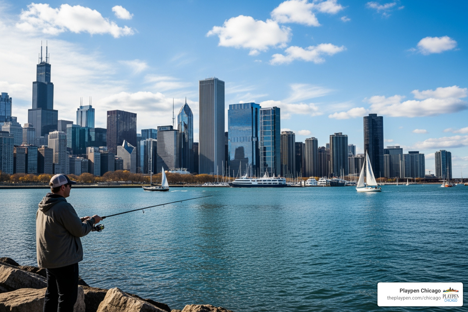 shore angler at Burnham Harbor - can you bass fish the harbors in chicago