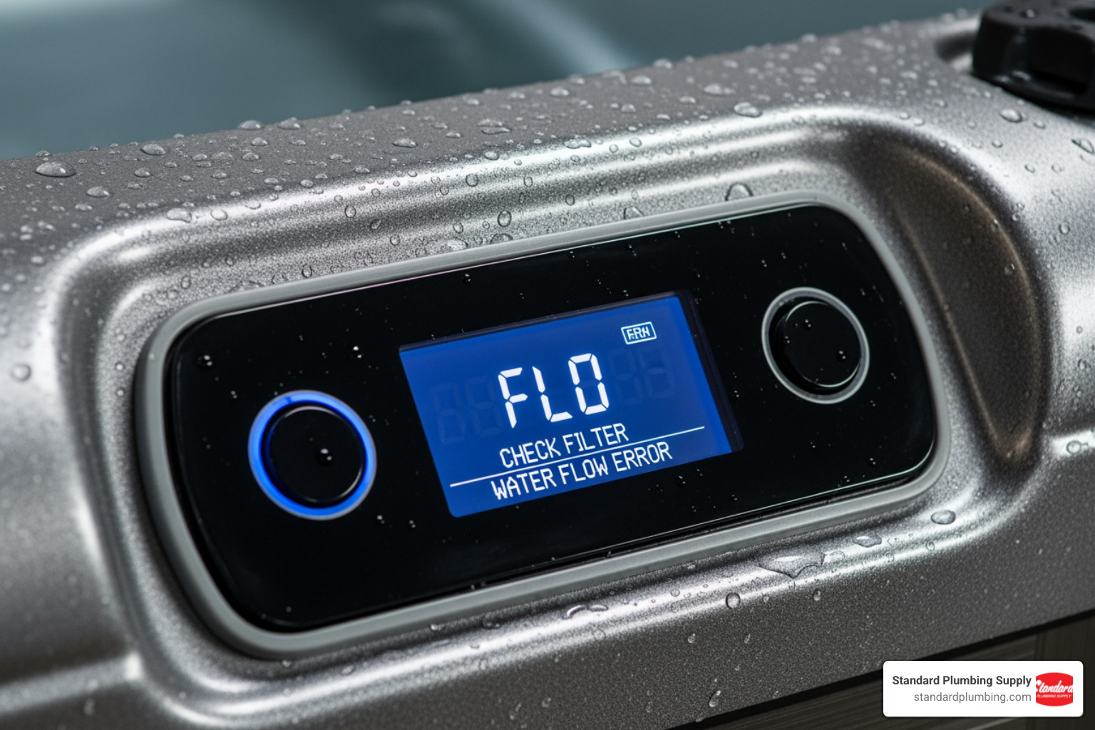 A hot tub control panel displaying a common error code like 'FLO' or 'HL' - Hot tub repair