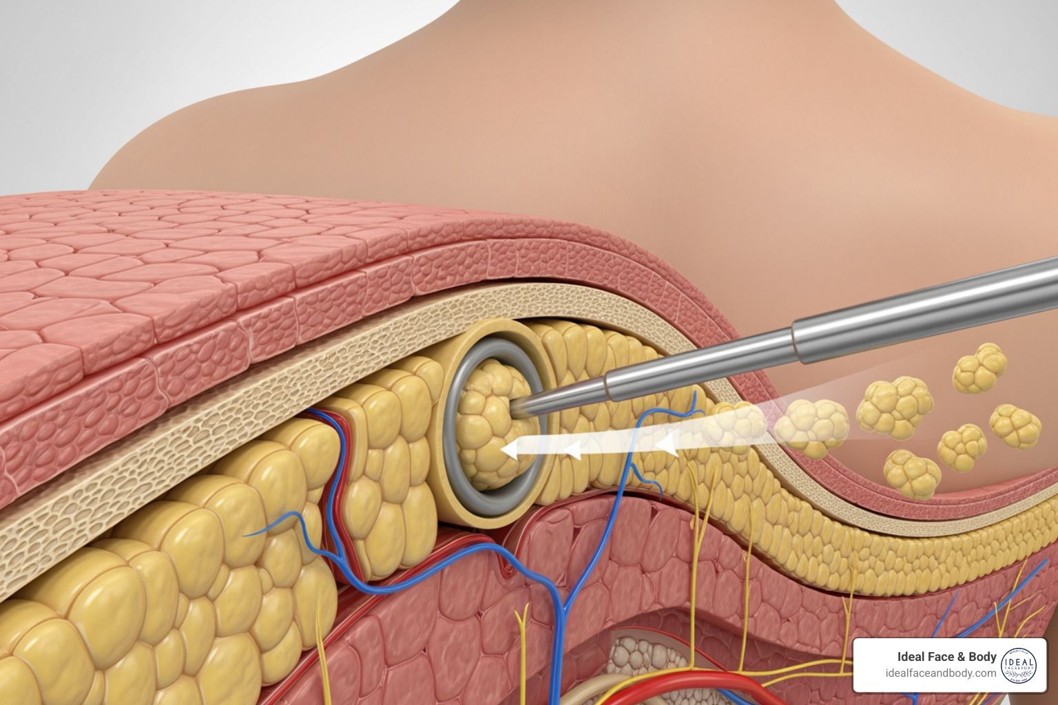 Image illustrating the liposuction cannula working in the subcutaneous fat layer of the upper back - buffalo hump liposuction recovery Image illustrating the liposuction cannula working in the subcutaneous fat layer of the upper back - buffalo hump liposuction recovery