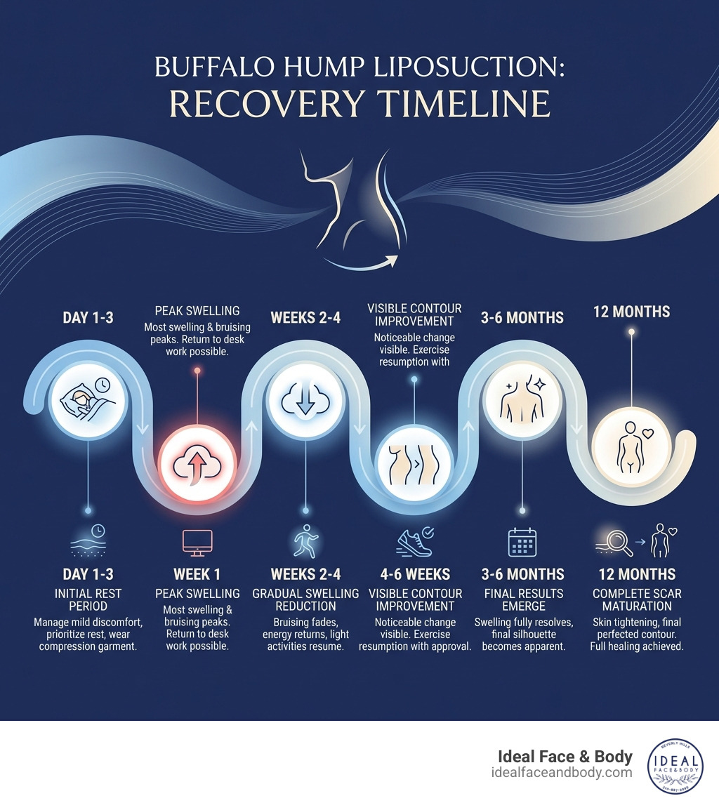Infographic showing the complete buffalo hump liposuction recovery timeline from day 1 through 12 months, including key milestones such as initial rest period, peak swelling at week 1, return to work timeline, gradual swelling reduction through weeks 2-4, visible contour improvement at 4-6 weeks, exercise resumption at 4-6 weeks with approval, final results emergence at 3-6 months, and complete scar maturation at 12 months - buffalo hump liposuction recovery infographic Infographic showing the complete buffalo hump liposuction recovery timeline from day 1 through 12 months, including key milestones such as initial rest period, peak swelling at week 1, return to work timeline, gradual swelling reduction through weeks 2-4, visible contour improvement at 4-6 weeks, exercise resumption at 4-6 weeks with approval, final results emergence at 3-6 months, and complete scar maturation at 12 months - buffalo hump liposuction recovery infographic