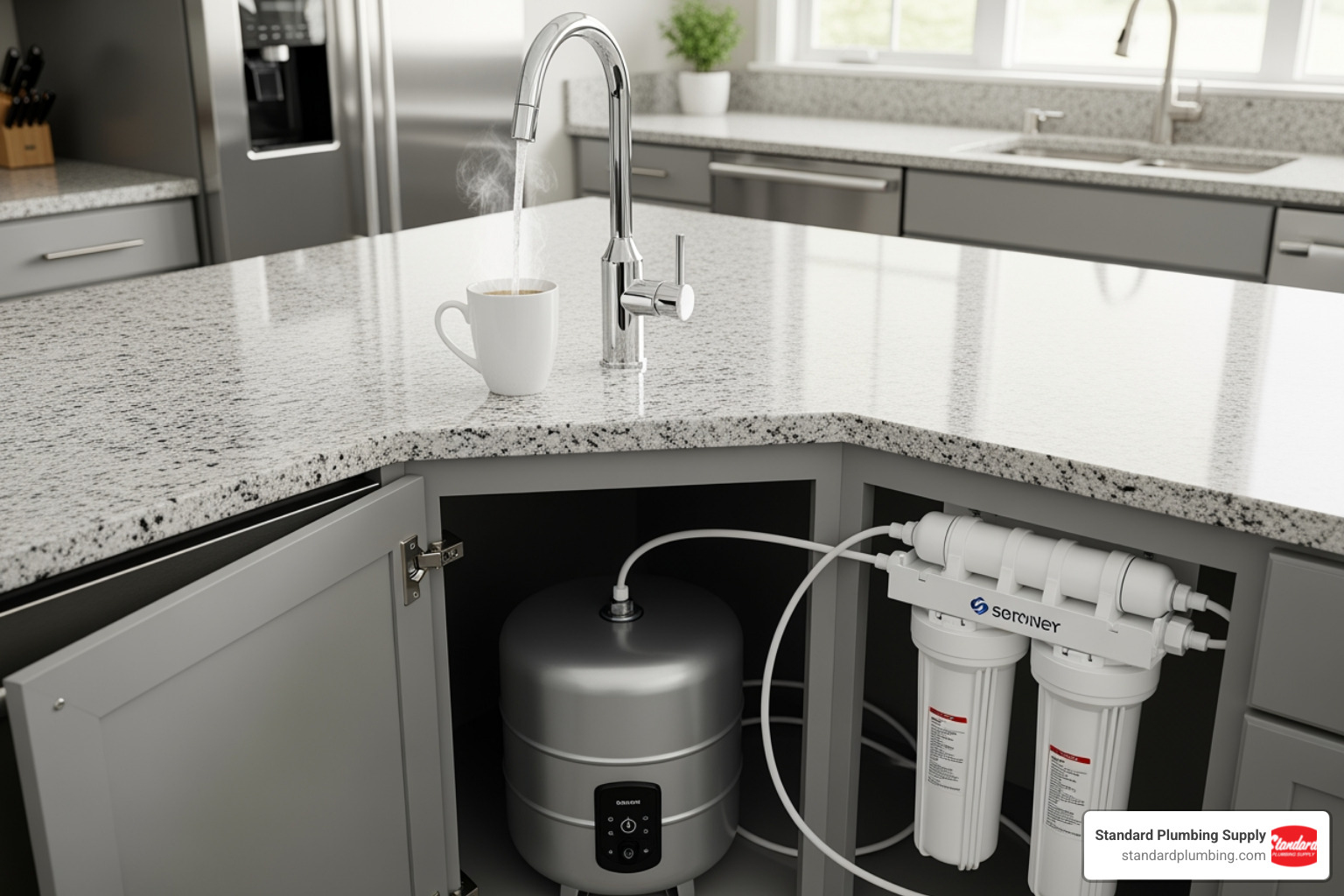 three main components of an instant hot water system: faucet, tank, and filter - Instant hot water three main components of an instant hot water system: faucet, tank, and filter - Instant hot water