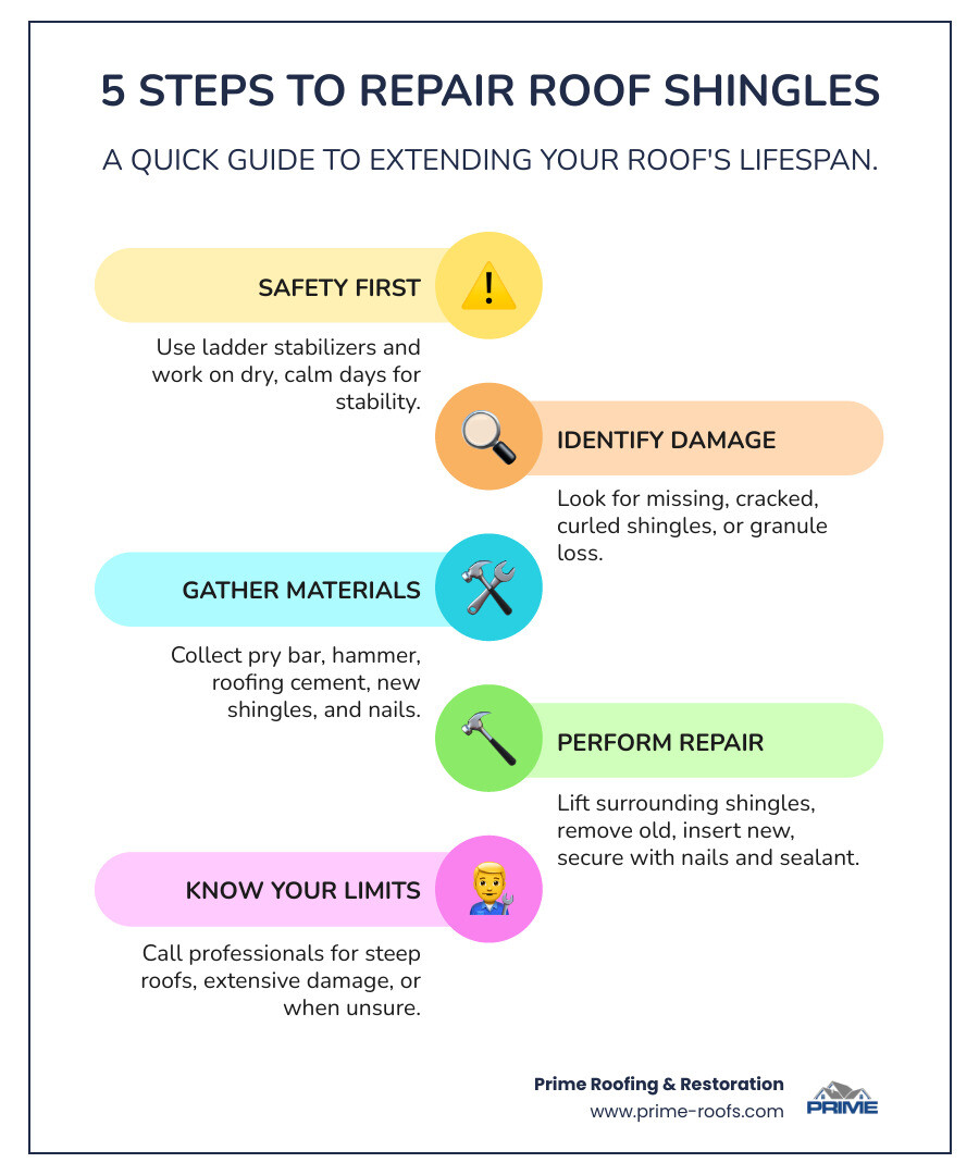 Infographic showing the 5-step process for repairing roof shingles: 1) Safety first - use ladder stabilizers and work on dry days, 2) Identify damage - missing shingles, cracks, curling, granule loss, 3) Gather materials - pry bar, hammer, roofing cement, replacement shingles, nails, 4) Perform repair - lift surrounding shingles, remove damaged piece, slide in replacement, secure with nails and sealant, 5) Know your limits - call professionals for steep roofs, multiple damaged areas, or when uncertain - repairing roof shingles infographic infographic-line-5-steps-colors