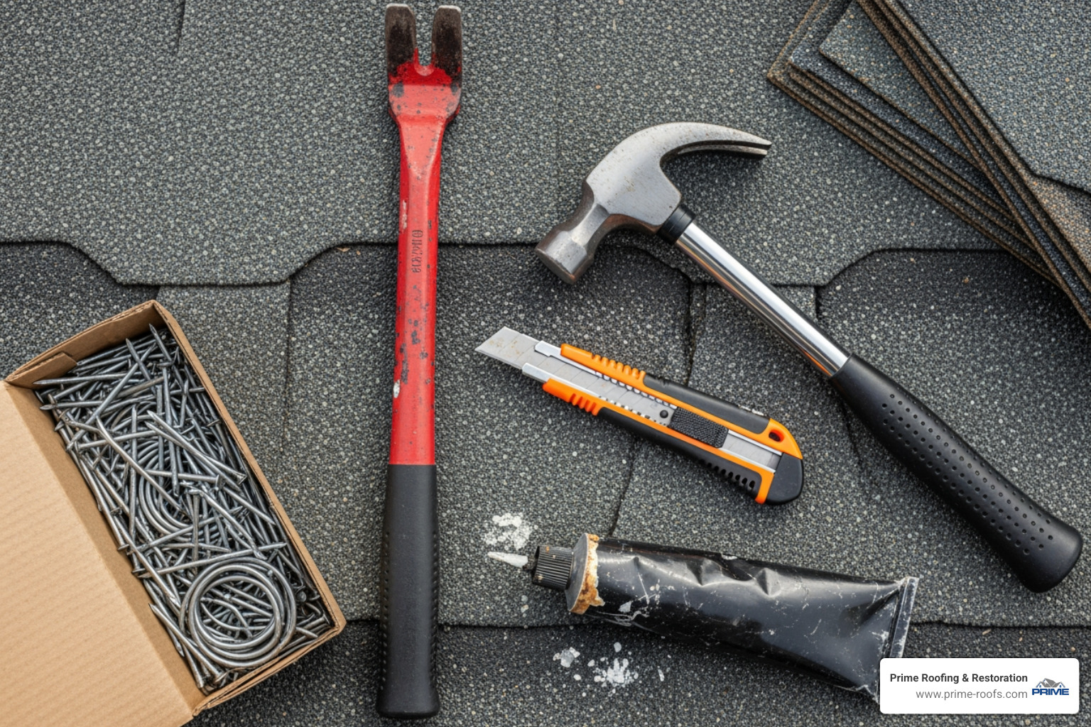 essential roofing repair tools laid out: pry bar, hammer, utility knife, roofing nails, roofing cement, and replacement shingles - repairing roof shingles
